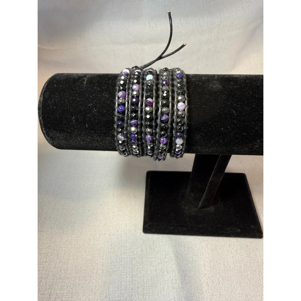 Victoria Emerson Black Leather & Beaded Wrap Bracelet  NWOT